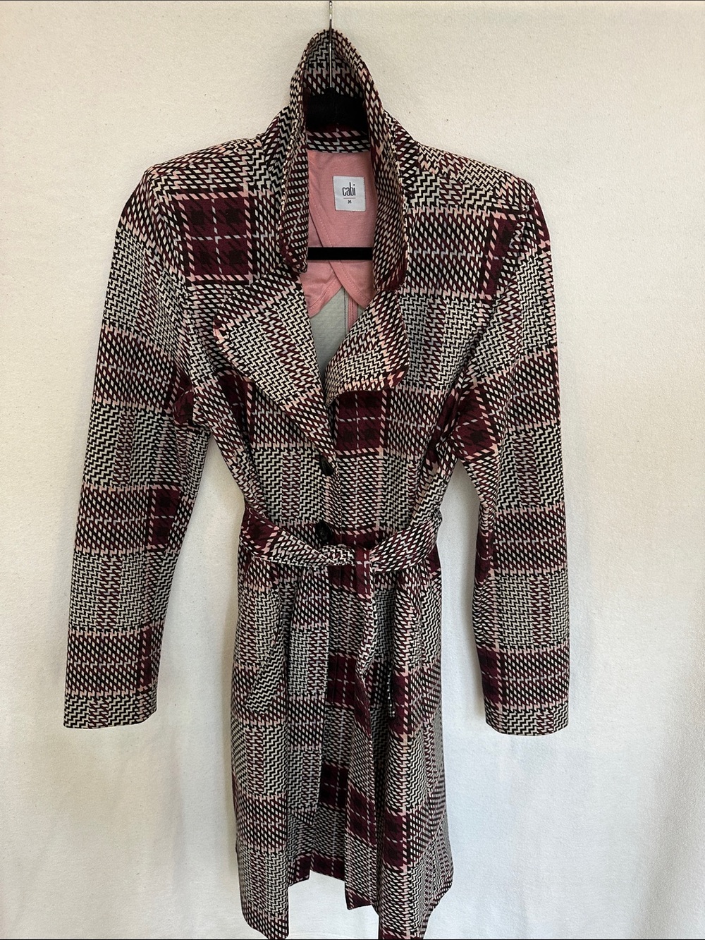 CAbi Burgundy Black Cream Plaid Belted Trench Coat